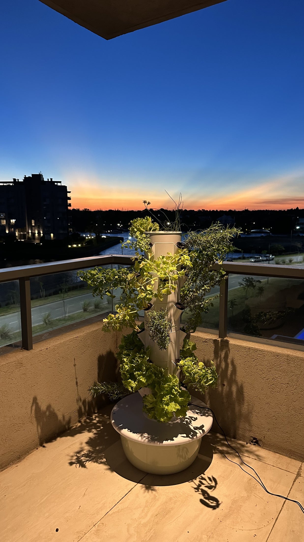 Torre hidropónica en un balcón al atardecer