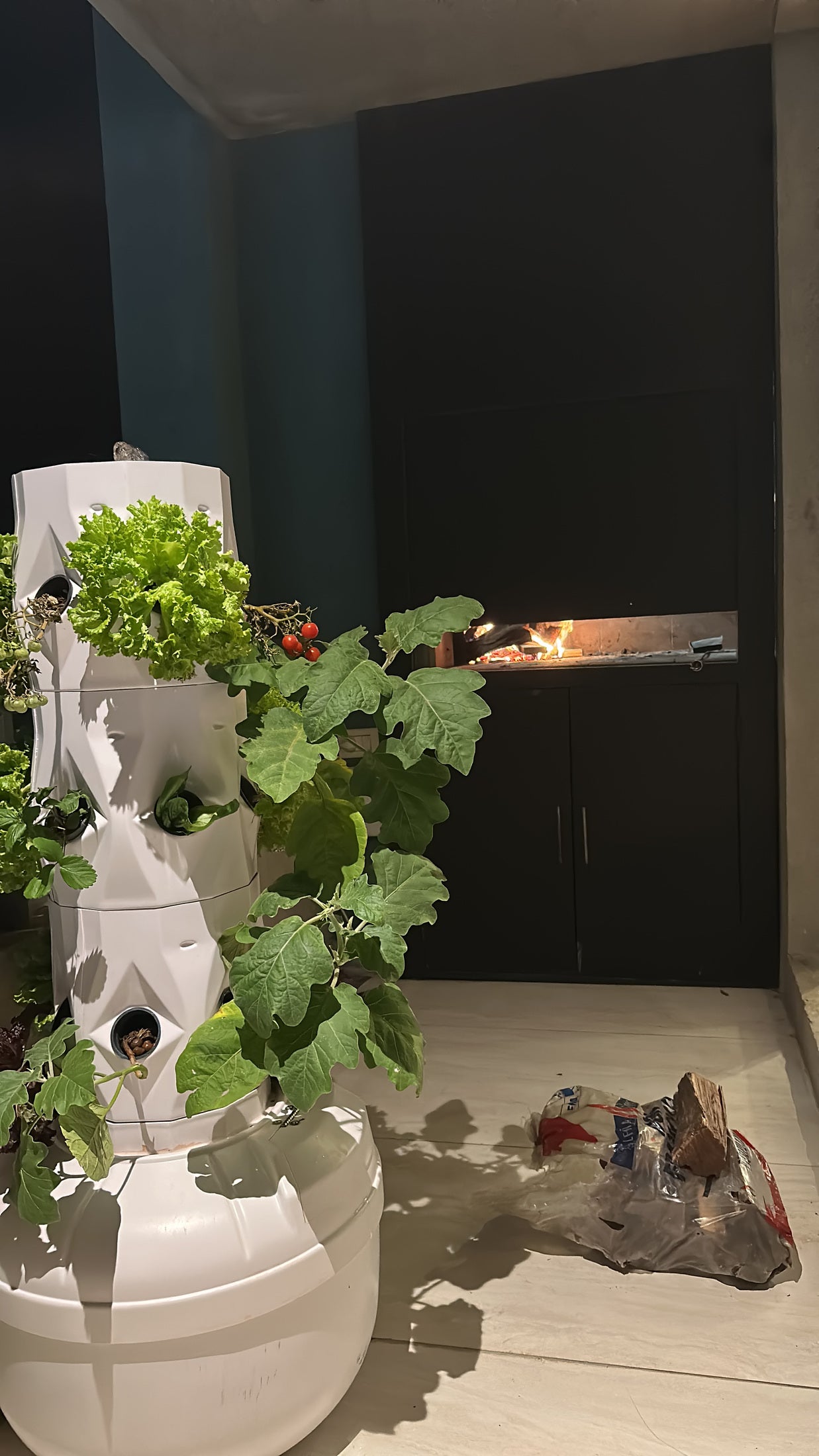 Huerta vertical con verduras junto a una parrilla