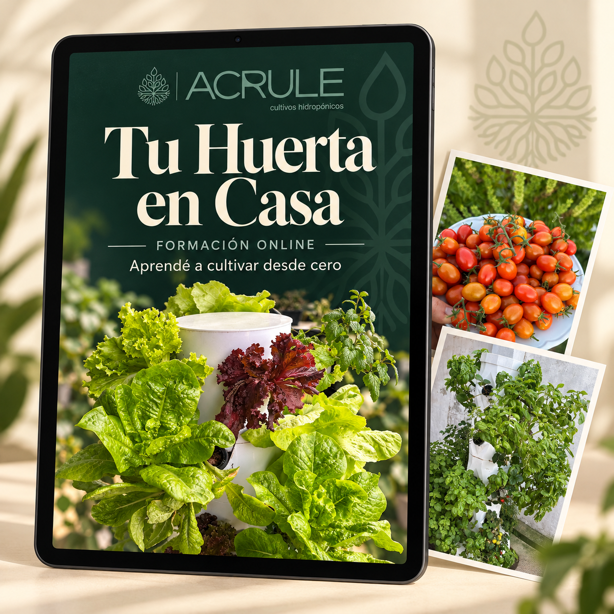 Tu Huerta en Casa: formación online de Acrule, presentada en una tablet